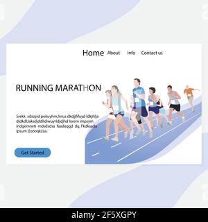 Landing page della maratona in esecuzione. Gara di maratona, esercizio di corsa, evento sportivo, corridore di fitness, gente di corsa femminile e maschile. Illustrazione vettoriale Illustrazione Vettoriale