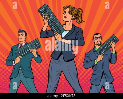 uomini d'affari con una tastiera per computer. Internet business. Utente PC avanzato. Donna in primo piano Illustrazione Vettoriale