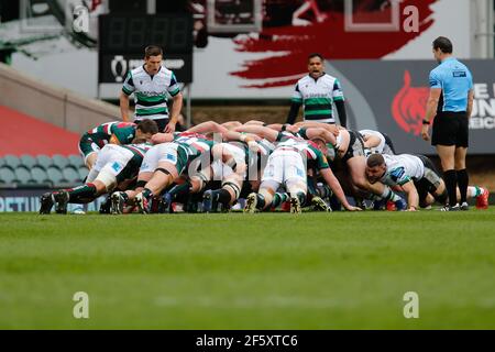 Leicester, Regno Unito. 20 Marzo 2021. LEICESTER, INGHILTERRA. 28 MARZO: Azione di Scrum durante la partita della prima Gallagher tra le Tigri di Leicester e i Falconi di Newcastle a Welford Road, Leicester, domenica 28 Marzo 2021. (Credit: Chris Lishman | MI News) Credit: MI News & Sport /Alamy Live News Foto Stock