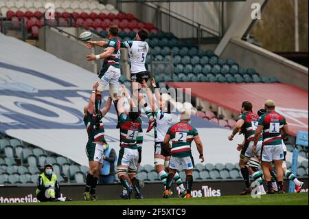 Leicester, Regno Unito. 20 Marzo 2021. LEICESTER, INGHILTERRA. 28 MARZO: Azione di lineout durante la partita della Gallagher Premiership tra le Leicester Tigers e i Newcastle Falcons a Welford Road, Leicester, domenica 28 marzo 2021. (Credit: Chris Lishman | MI News) Credit: MI News & Sport /Alamy Live News Foto Stock