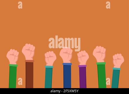 Fists passa l'illustrazione piatta vettoriale isolata su sfondo arancione. Unità, lavoro di squadra, lotta, cooperazione. Mani alzate di protestare, concetto di comunità sociale. Illustrazione Vettoriale