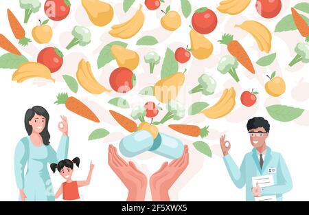 Pillole piene di vitamine, integratori, e minerali vettore piatto cartoon illustrazione. Felice madre sorridente, ragazza e medico mostrando ok segno. Mani che tengono la capsula medica con frutta e verdura. Illustrazione Vettoriale