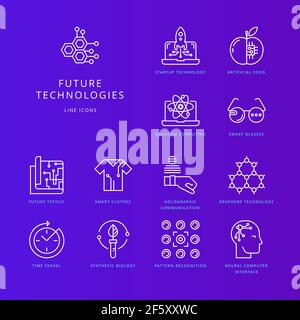 Icone sottili moderne insieme di tecnologie future. Illustrazione Vettoriale