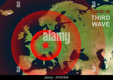 COVID-19 in Europa, terza ondata di coronavirus nell'Unione europea. La diffusione del virus della corona sulla mappa dell'UE. Concetto di blocco, viaggio e limitazione corona Foto Stock