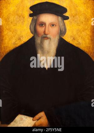 Sebastian Cabot o Sebastiano Caboto. esploratore italiano del Rio de la Plata. Ritratto a busto dipinto con incisione Julio Garcia Condoy Foto Stock