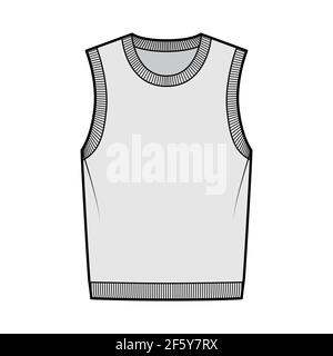 Gilet pullover gilet gilet gilet gilet illustrazione tecnica moda con scollo rotondo senza maniche, maglia a coste, corpo oversize. Modello piatto frontale, colore grigio. Donne, uomini, unisex top CAD mockup Illustrazione Vettoriale