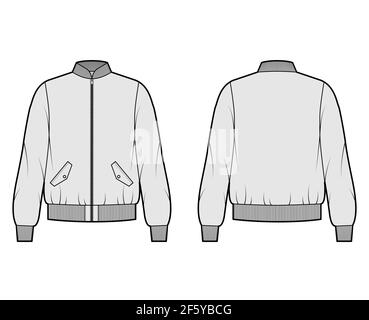 Zip-up Bomber ma-1 giacca di volo illustrazione tecnica moda con colletto Rib, polsini, oversize, manica lunga, tasche con pattina. Mascherina piatta anteriore, posteriore, colore grigio. Donna uomo unisex top CAD mockup Illustrazione Vettoriale