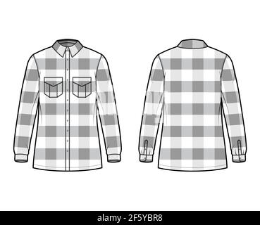 Giacca in legno illustrazione tecnica della moda con motivo Buffalo Check, corpo oversize, tasche con pattina, chiusura a bottone, maniche lunghe. Abbigliamento piatto, anteriore, posteriore, colore bianco. Donne, uomini CAD mockup Illustrazione Vettoriale