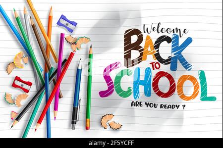 Banner modello vettore di ritorno alla scuola. Bentornato a scuola testo scritto in foglio di carta sminuzzato con materiali didattici per lo studio dell'istruzione. Illustrazione Vettoriale