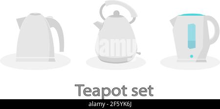 Una serie di semplici bollitori elettrici di colore grigio. Elettrodomestici minimalistici. Illustrazione vettoriale piatta Illustrazione Vettoriale