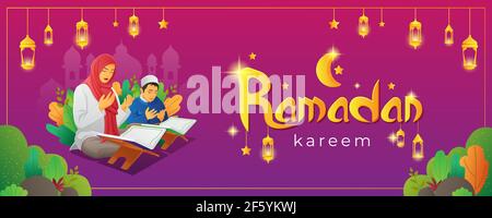 Bandiera di Ramadan kareem con gente che prega mentre legge il quran Illustrazione Vettoriale