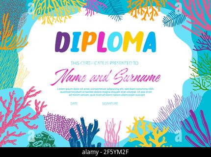 Diploma con maschera vettoriale di alghe marine subacquee. Certificato di scuola o club subacqueo con alga subacquea. Immersione subacquea border design, educazione diplo Illustrazione Vettoriale