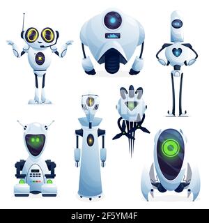 Robot cartoni animati, personaggi cyborg vettoriali, giocattoli o bot, tecnologia di intelligenza artificiale. Robot amichevoli con armi lunghe o tentacoli e gl digitale Illustrazione Vettoriale