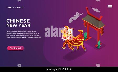 Concetto di ballo del leone del nuovo anno isometrico cinese per il Web site e. landing page delle app mobili Illustrazione Vettoriale