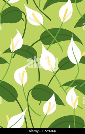 Senza cuciture modello Wallpaper di Peace Lily Fiori e foglie per la pianta tropicale sfondo. Illustrazione Vettoriale