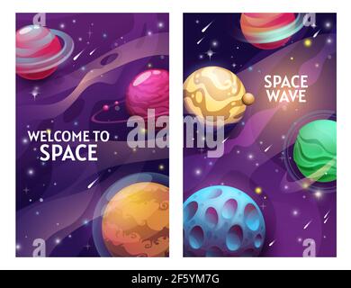 Poster spaziali con pianeti cartoni animati, galassia vettoriale e sistema solare. Esplorazione dell'universo, pianeti alieni con anelli di orbita, onde e stelle, terra luminosa Illustrazione Vettoriale