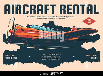 Noleggio aeromobili volo aereo formazione poster retrò, servizio pilota privato. Noleggio di aeroplani vintage o eliche, scuola di aviazione e prenotazione web Illustrazione Vettoriale