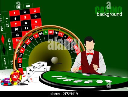 Tavolo da roulette ed elementi del casinò con immagine più croupier. Illustrazione vettoriale 3d Illustrazione Vettoriale