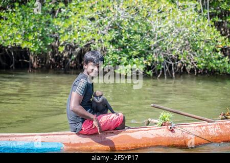 BENTOTA, SRI LANKA - 14 NOVEMBRE 2019: Ritratto di un residente locale con una scimmia su una barca sul fiume Bentota Ganga nella giungla sull'isola di Foto Stock