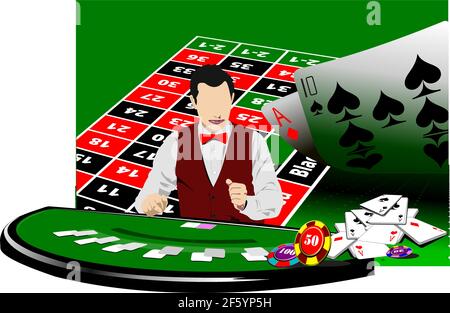 Tavolo nero jack ed elementi del casinò con immagine più croupier. illustrazione vettoriale 3d Illustrazione Vettoriale