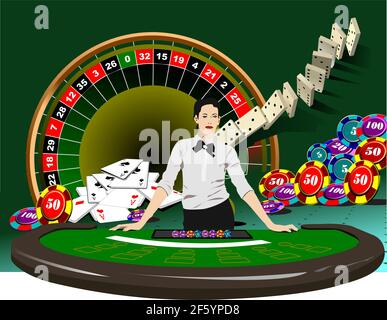 Black jack tavolo ed elementi del casinò con una donna più croupier immagine. illustrazione vettoriale 3d Illustrazione Vettoriale