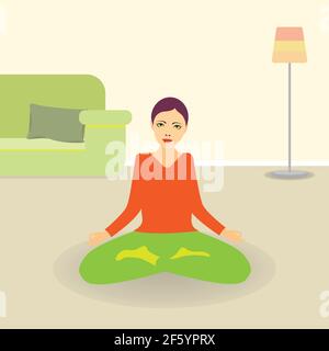 Giovane donna al chiuso seduta sul pavimento e meditando dentro posizione lotus Illustrazione Vettoriale