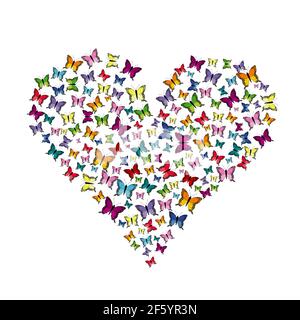 Farfalle volanti modello a forma di cuore isolato su sfondo bianco Illustrazione Vettoriale