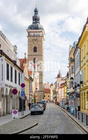 Torre Nera nel centro storico di Ceske Budejovice, Repubblica Ceca Foto Stock