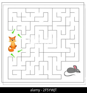 Un gioco di labirinto per i bambini. Guida il gatto attraverso il labirinto al mouse. Vettore isolato su sfondo bianco Illustrazione Vettoriale