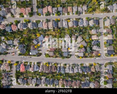 Vista aerea dall'alto verso il basso di case e strade nello splendido quartiere residenziale durante la stagione autunnale a Calgary, Alberta, Canada. Foto Stock