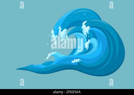 Tsunami onde sfondo. Onde oceaniche in movimento in stile cartone animato. Illustrazione vettoriale su sfondo turchese Illustrazione Vettoriale