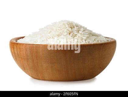 riso di gelsomino crudo in ciotola di legno isolata Foto Stock