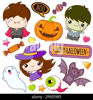 Collezione di cartoni animati in costumi di Halloween in stile kawaii. Bambini in costumi di carnevale di strega, vampiro, zombie. Adesivi Halloween con pum Illustrazione Vettoriale
