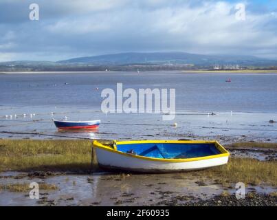 Barche ormeggiate a bassa marea, Sunderland Point Foto Stock