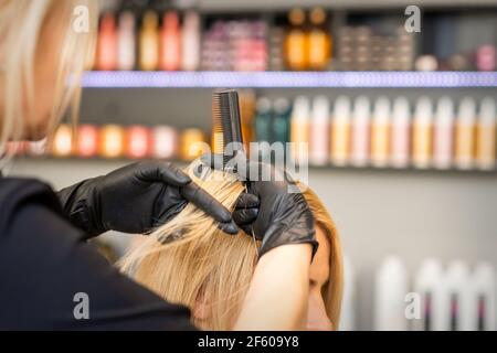 Parrucchiere pettinando i capelli femminili del cliente prima di tingere i capelli in un salone di parrucchiere Foto Stock