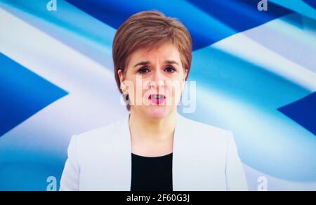 Glasgow, Scozia, Regno Unito. 29 marzo 2021. Il primo Ministro della Scozia Nicola Sturgeon ha affrontato oggi la conferenza SNP tramite video link . Iain Masterton/Alamy Live News Foto Stock