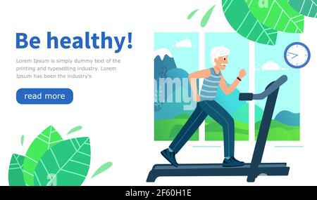 Design Sito web essere sano. Old Man corre su un tapis roulant in una stanza sullo sfondo di una finestra dietro la quale un quadro naturale. Illustratio vettoriale Illustrazione Vettoriale