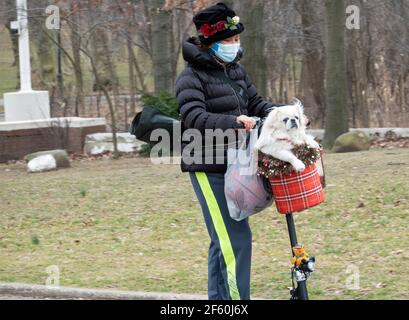 Una donna asiatica americana che porta un basket, su uno scooter con il suo cane da compagnia. In un parco a Flushing, Queens, New York City. Foto Stock