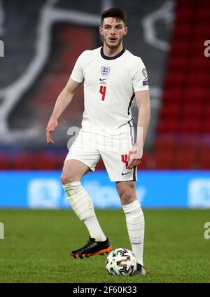 TIRANA, ALBANIA - MARZO 28: Riso Declan d'Inghilterra durante la Coppa del mondo FIFA 2022 Qatar qualificante match tra Albania e Inghilterra al Qemal Stafa Stadium il 28 marzo 2021 a Tirana, Albania. Gli stadi sportivi di tutta Europa restano soggetti a rigorose restrizioni a causa del Pandemic di Coronavirus, in quanto le leggi governative in materia di distanziamento sociale vietano i tifosi all'interno di luoghi che danno luogo a giochi a porte chiuse (Foto di MB Media) Foto Stock