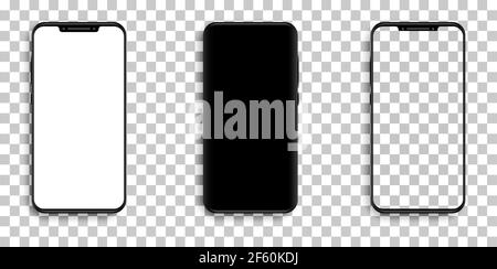 Modelli realistici smartphone con schermi trasparenti. Raccolta di mockup per smartphone. Illustrazione Vettoriale