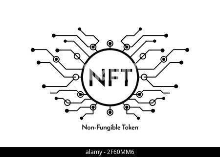 Cartello nero su microchip con testo NFT token non fungibile, banner criptovaluta Illustrazione Vettoriale