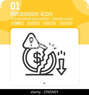 Icona Riduci denaro con stile contorno isolato su sfondo bianco. Immagine grafica recessione, svantaggio business icona simbolo per ui, ux, noi Illustrazione Vettoriale