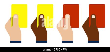 la mano dell'arbitro della partita sportiva mostra il cartellino rosso e giallo per le regole di rottura del giocatore. Gioco di squadra di calcio, calcio. Rispetto delle regole di gioco. Vettore Illustrazione Vettoriale