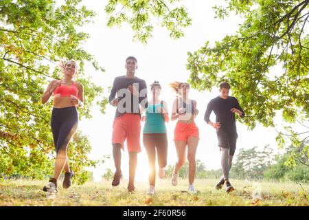 Gruppo di giovani come team di corridori durante l'allenamento di corsa insieme nel parco in estate Foto Stock