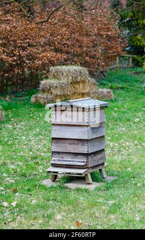 Tradizionale alveare in legno WBC in piedi all'aperto su erba in Howard's Field, RHS Garden Wisley, Surrey, Inghilterra sud-orientale in primavera Foto Stock