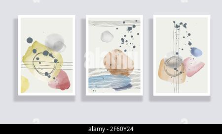Set trendy di illustrazioni astratte ad acquerello minimaliste dipinte a mano. Composizioni astratte doodles varie forme. Ideale per la decorazione di parete di disegno Illustrazione Vettoriale