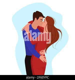 Due amanti abbracciando e baciando, ragazzo abbracciando una ragazza dalla vita e baciando, coppia in amore, giorno di valentines, illustrazione vettoriale in stile piatto Illustrazione Vettoriale