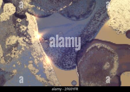 Finitura astratta in oro, blu e violetto con scintille. Sfondo vettoriale nella tecnica dell'inchiostro alcolico. Vernice moderna con glitter. Modello per banne Illustrazione Vettoriale