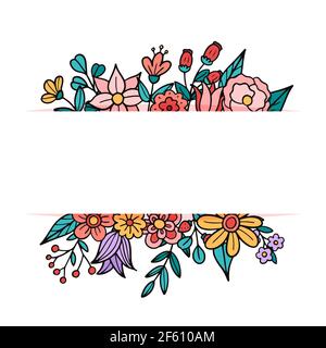 Cornice floreale con graziosi fiori e foglie di doodle disegnati a mano. Illustrazione vettoriale Illustrazione Vettoriale