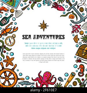 Modello di avventure in mare. Oggetti vettoriali disegnati a mano. Illustrazione vettoriale stile Doodle Illustrazione Vettoriale
